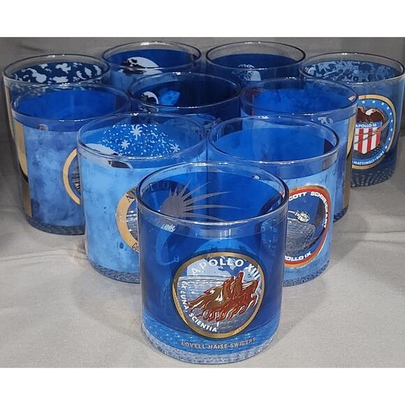 Vintage NASA Apollo Glasses Complete Collection – Set of 10 Blue/Gold Tumblers - Picture 2 of 16